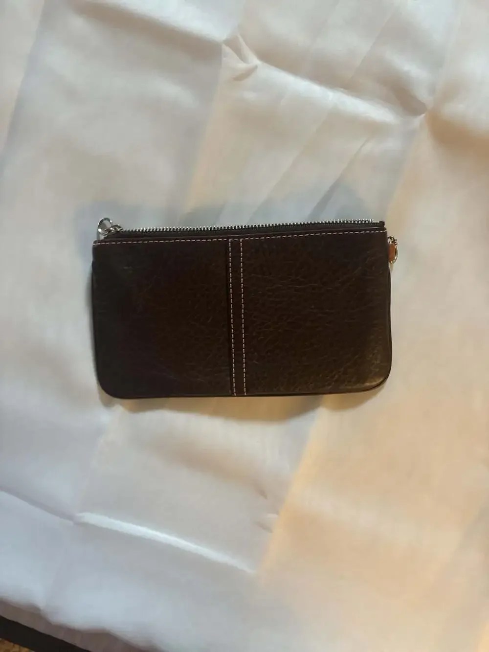 Coach Est. 1941 Brown Pebbled Leather Zip Wristlet with Pink Stitching